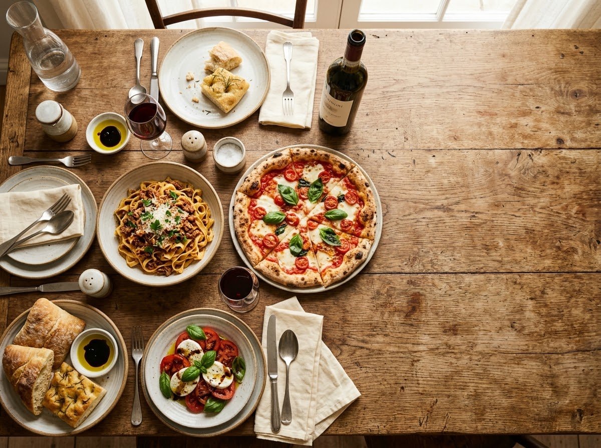 Table spread of pizza and pasta