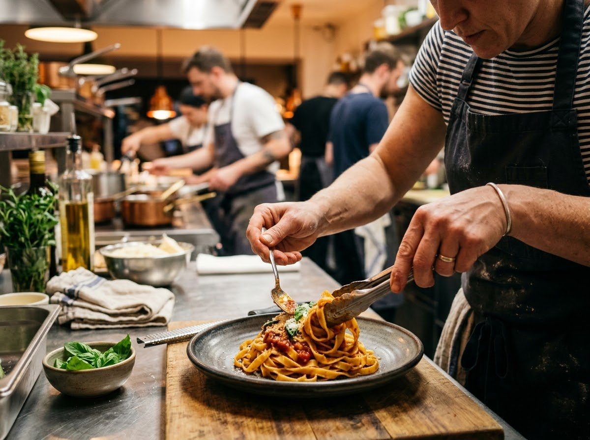 Chef plating fresh pasta
