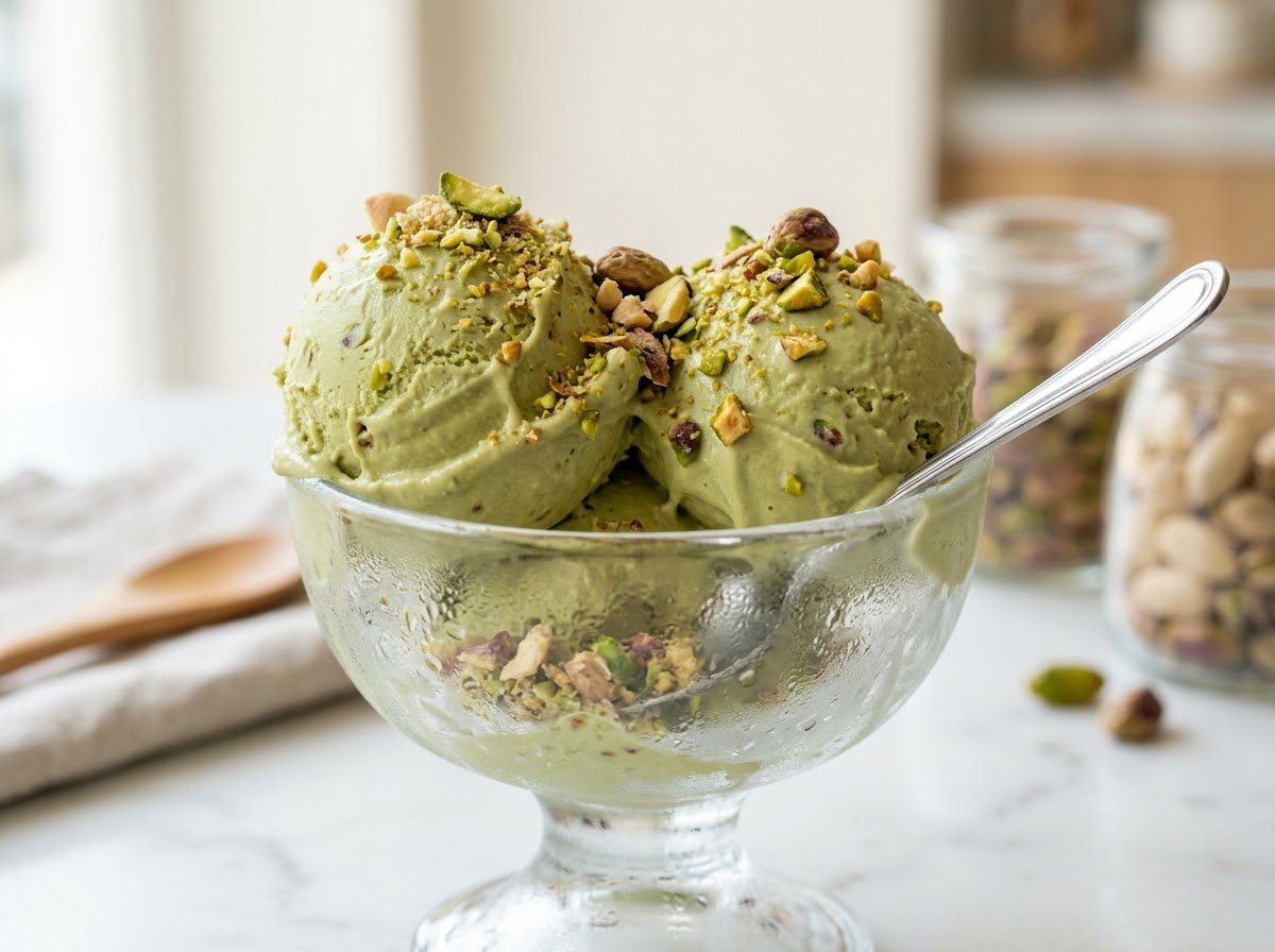 Pistachio gelato topped with crushed pistachios