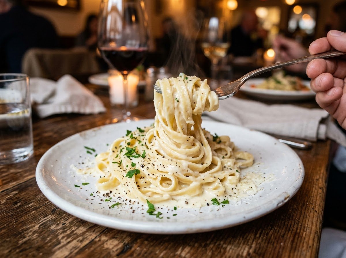 Fettuccine Alfredo with cracked black pepper